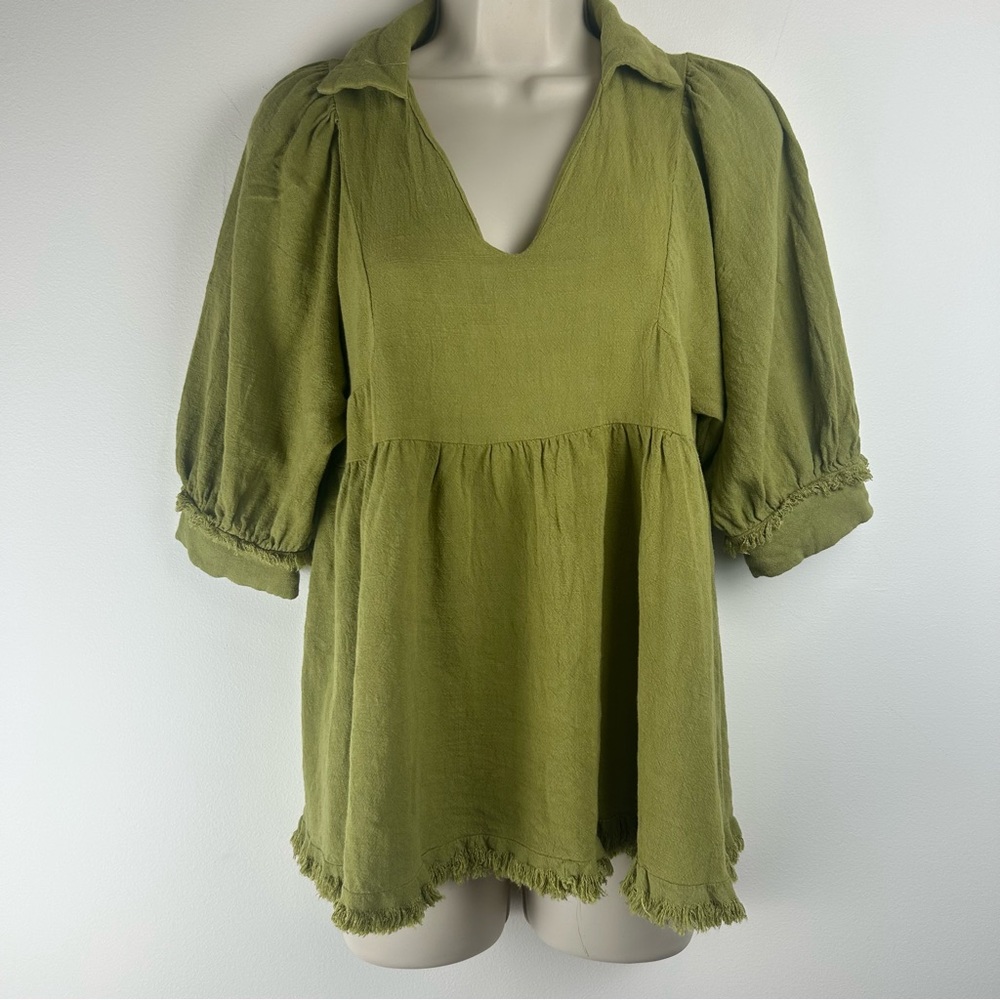 Umgee Olive Linen Cotton Blend Puff Sleeve Top sz S Boho Prairie Gorpcore